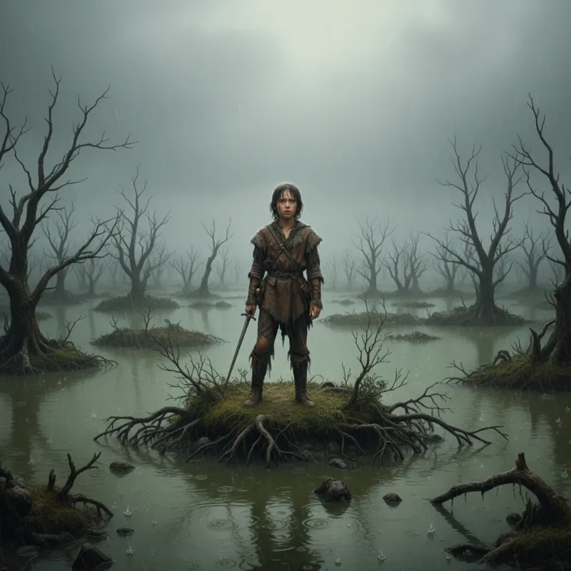 A symbolic image of the young warrior Atreyu standing alone in a desolate, misty landscape after the NeverEnding Story horse dies, representing grief and perseverance.