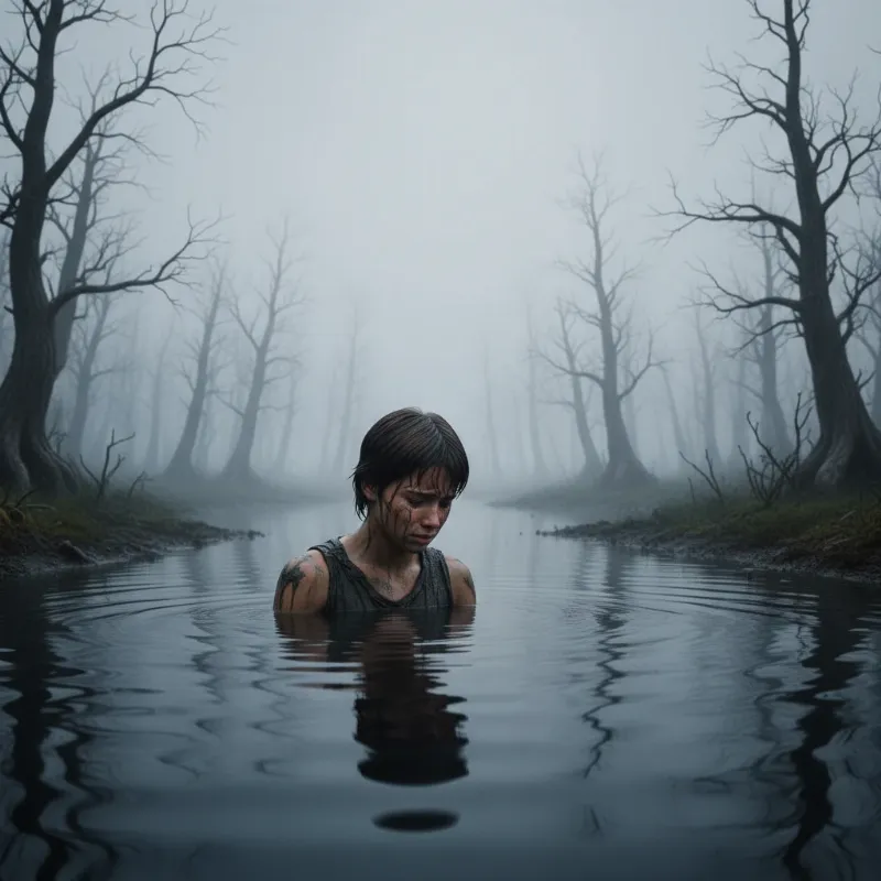 A somber image of Atreyu, alone and grieving in the murky Swamp of Sadness, after his horse Artax has completely submerged. The focus is on his isolation and the emotional weight of his loss as he must continue his quest.