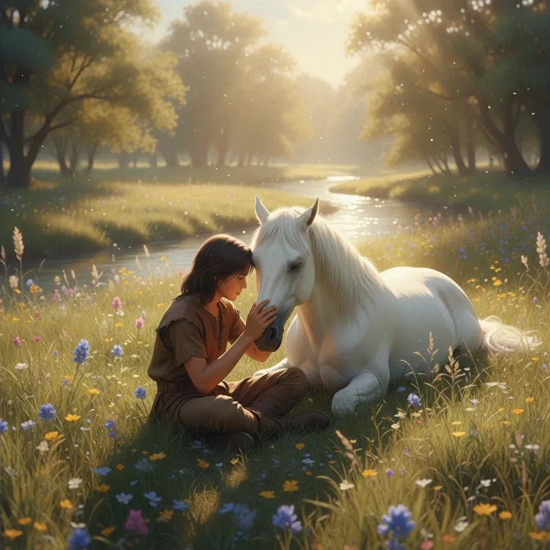 Atreyu gently resting his head against his loyal horse on Neverending Story, Artax, in a field of green, symbolizing their deep bond before the tragedy.