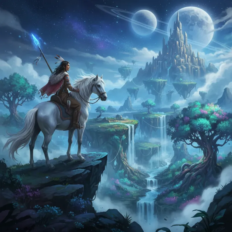 A young hero, Atreyu, and his white horse, Artax, stand on a grassy hill overlooking the fantastical world of Fantasia from The NeverEnding Story.