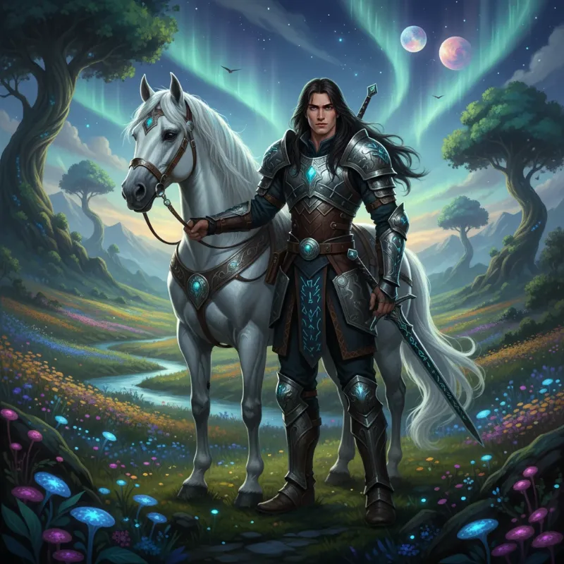 The brave horse from Never Ending Story, Artax, standing proudly with his companion Atreyu in the beautiful landscapes of Fantasia before their tragic journey.