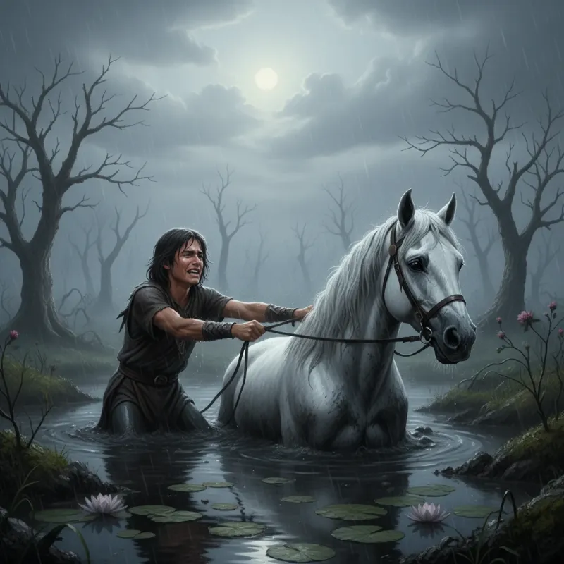 A cinematic shot of Atreyu pleading with the Neverending Story Atreyu's horse, Artax, as the beautiful white horse begins to sink into the dark, murky waters of the Swamp of Sadness, capturing the despair and heartbreak of the moment.