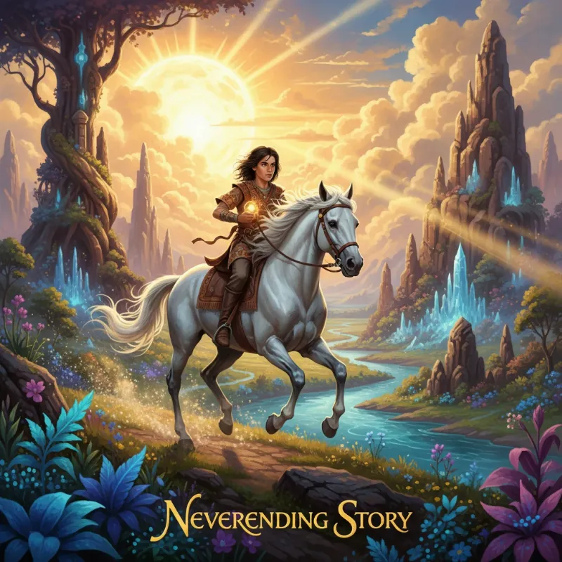 A depiction of Atreyu and his horse Artax traveling together, showing their strong bond before the tragic events of The Neverending Story.