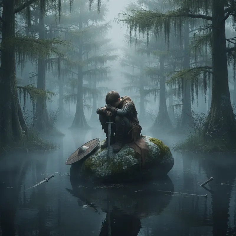 A somber image representing Atreyu's grief after the never ending story horse drowning, showing the young hero alone in the desolate swamp.
