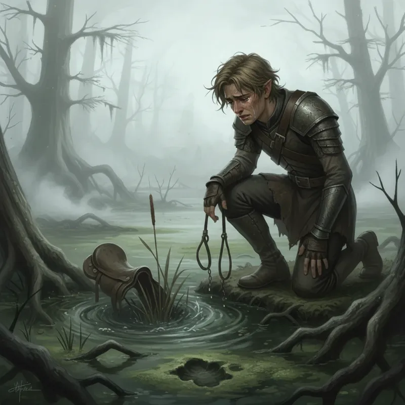 Atreyu looking devastated after the horse died in The NeverEnding Story, capturing the deep sense of loss and grief that defined his journey.