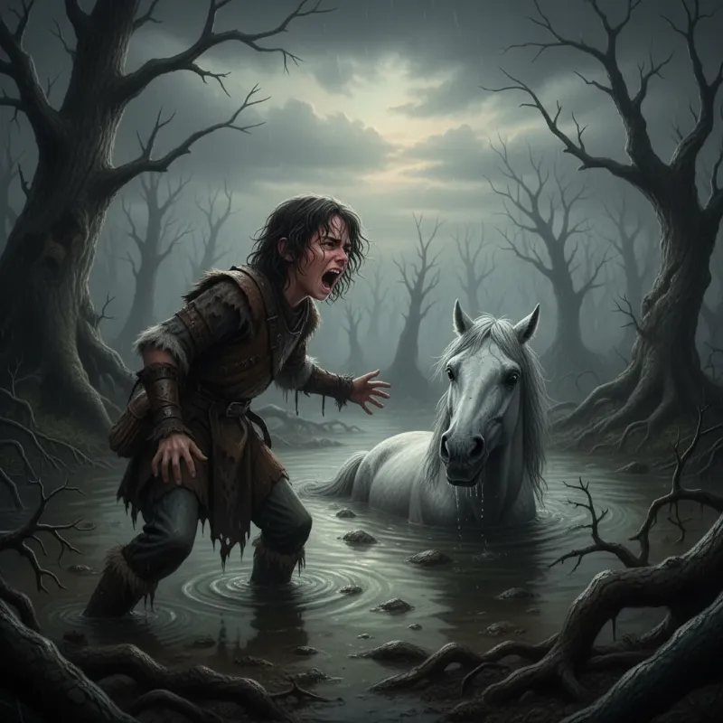 A close-up of Atreyu's anguished face as he pleads with the horse on Neverending Story, Artax, who is sinking into the dark mud of the Swamp of Sadness.
