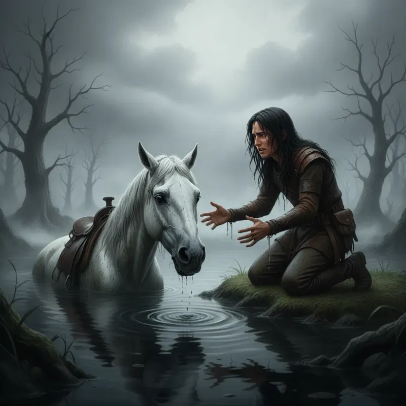 The brave warrior Atreyu desperately tries to save his horse Artax in the Swamp of Sadness, a key scene where the NeverEnding Story horse dies.