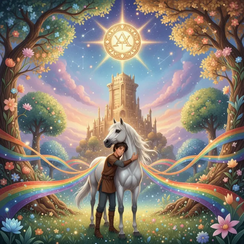 A joyful scene of a young warrior happily reuniting with his white horse in a lush, green field, symbolizing rebirth and hope. The mood is bright and uplifting.