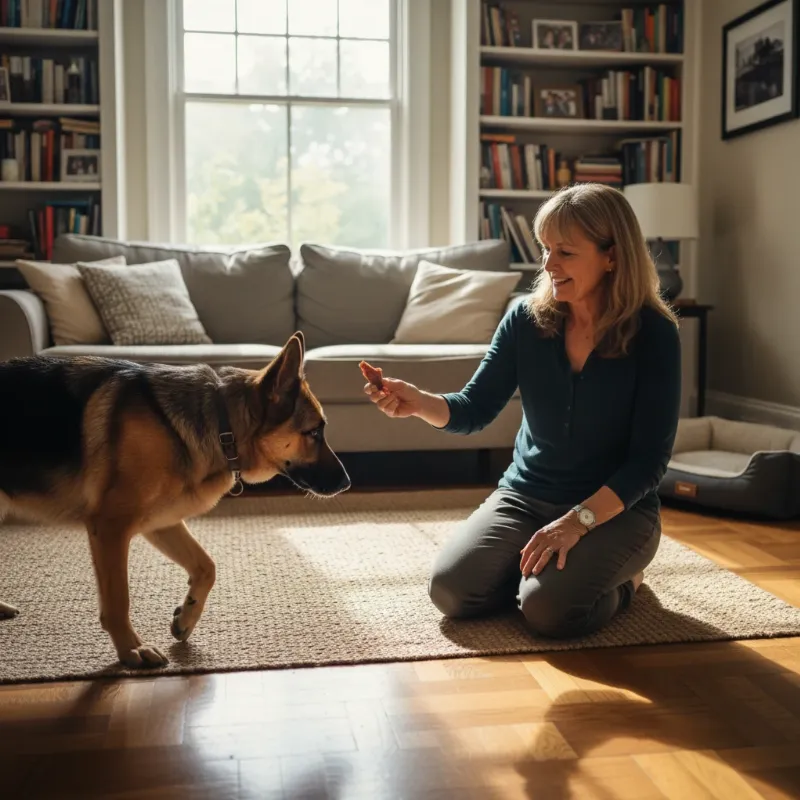 An experienced behavioral dog trainer near me working calmly with an anxious German Shepherd in a quiet home setting, using positive reinforcement techniques.