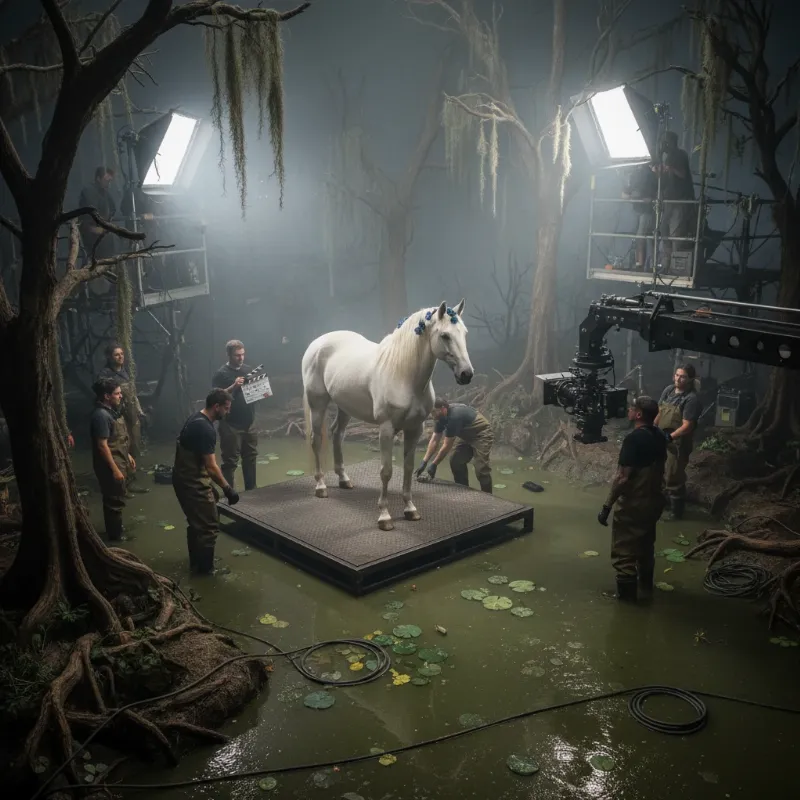 A conceptual illustration showing how the Neverending Story horse head scene was filmed using a hidden platform.