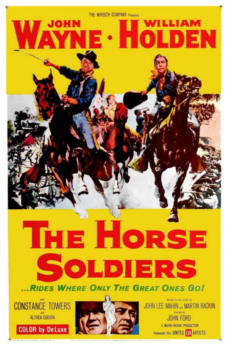 A split image showing the historical photo of Colonel Benjamin Grierson on one side and a movie still of John Wayne as Colonel Marlowe in The Horse Soldiers on the other, comparing the real person to the Hollywood portrayal.