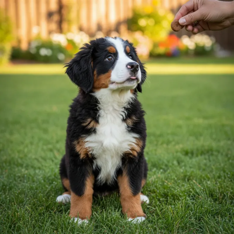 A cute Bernese Mountain Dog puppy sitting attentively during a training session, highlighting early training Bernese mountain dog.