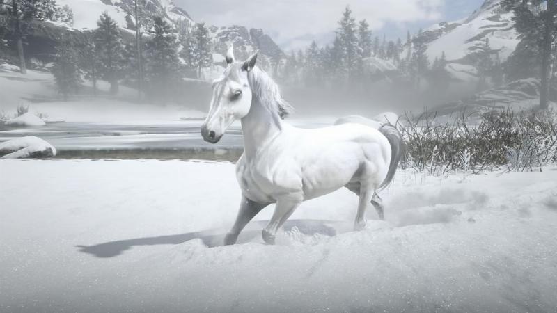 The stunning and best looking White Arabian horse from RDR2 Story Mode standing in a snowy mountain landscape.