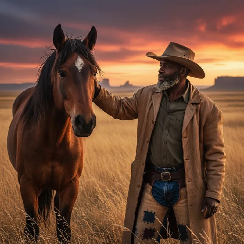 An atmospheric portrait of a Black cowboy standing proudly with a wild mustang on the open prairie at sunset, capturing the essence of the black cowboy wild horses story.
