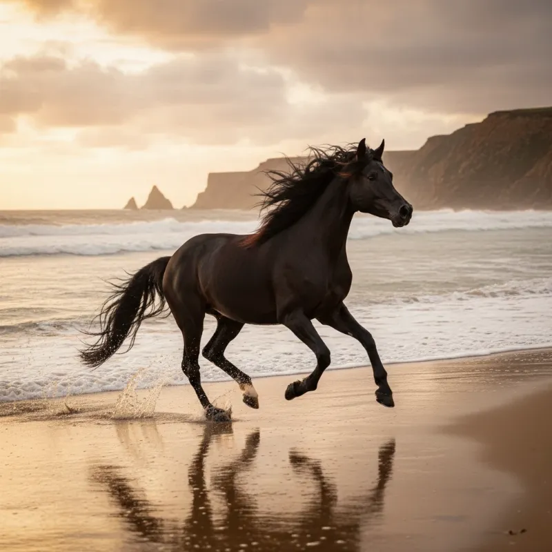 An iconic black Arabian story horse galloping freely on a beach, representing the untamed spirit from famous literature.