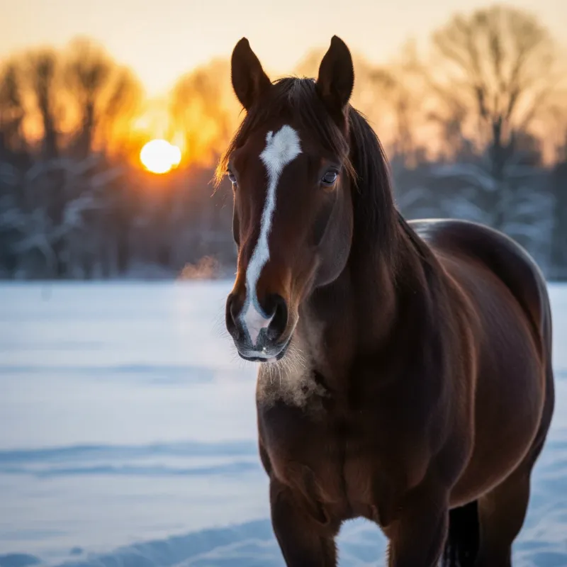 A powerful, resilient horse with a zigzag streak on his face stands tall in a snowy landscape at dusk, symbolizing the hope in Blitz the story of a horse.