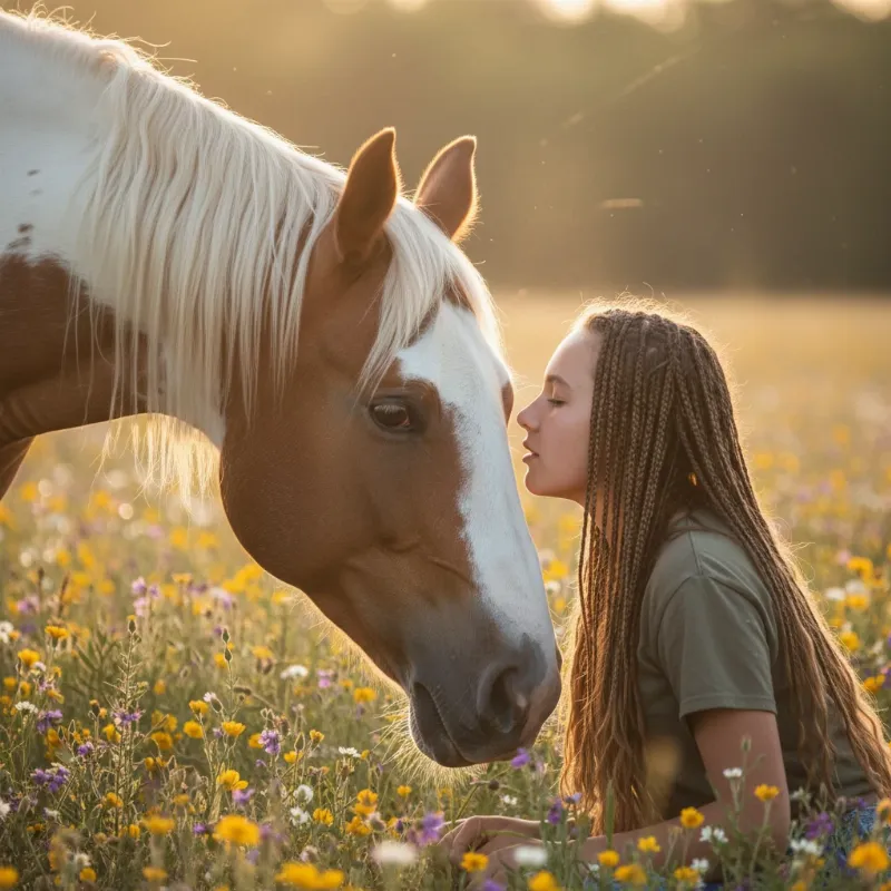 A heartwarming american horse short story moment of a girl gently stroking the muzzle of her pinto horse in a sunlit pasture.