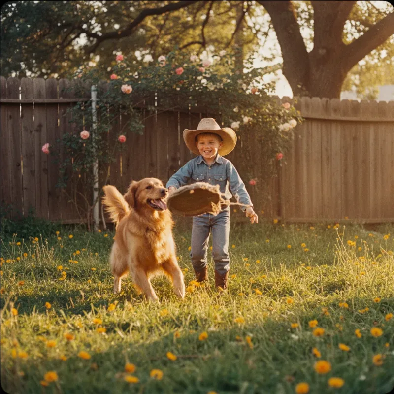 A young boy in a cowboy hat laughing as he plays fetch with his Golden Retriever in a sunny backyard, capturing the spirit of the christmas story lone ranger nephew horse.