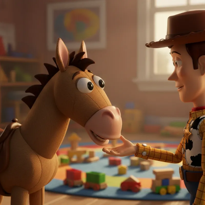 A close-up of the name of the horse from Toy Story, Bullseye, looking up at Woody with affection and loyalty. The detailed toy stitching on both characters is visible.