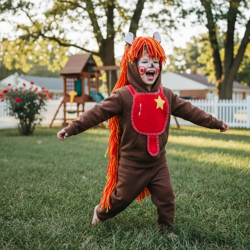 A child wearing a complete DIY horse from Toy Story costume, smiling and posing in a backyard setting.