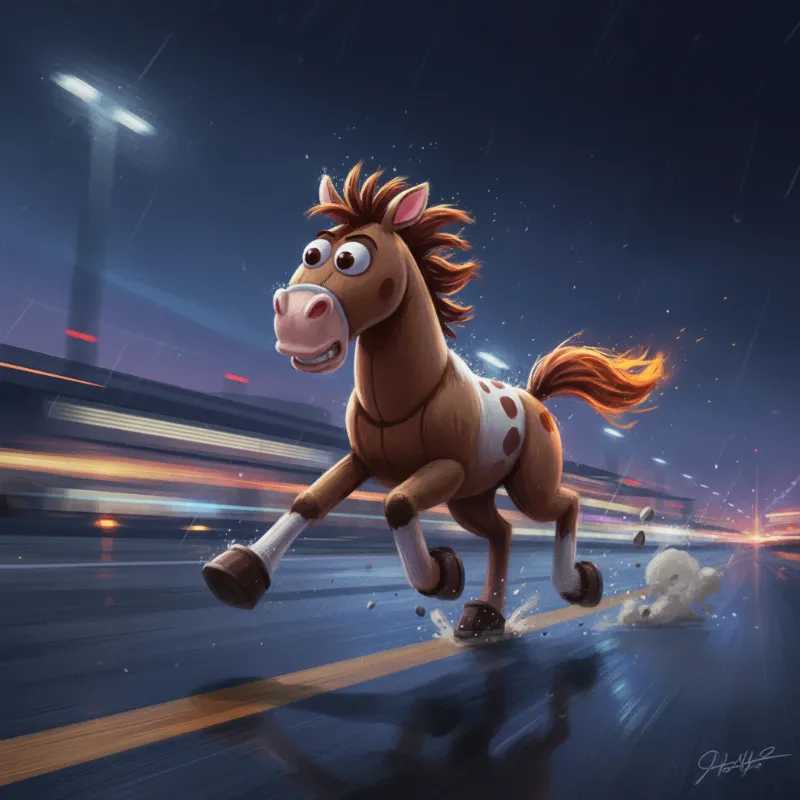 A dynamic image showing the name of Jessie's horse in Toy Story, Bullseye, galloping at full speed, capturing his heroic and adventurous spirit from the movies.