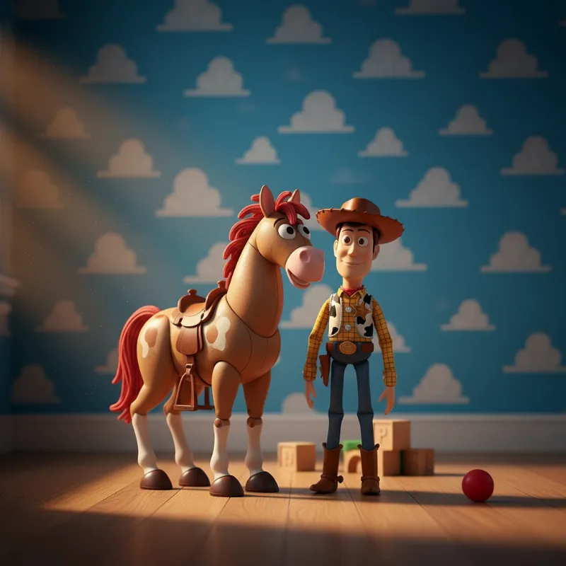 A detailed image of the Toy Story rocking horse character, Bullseye, standing proudly next to Woody in Andy's room.