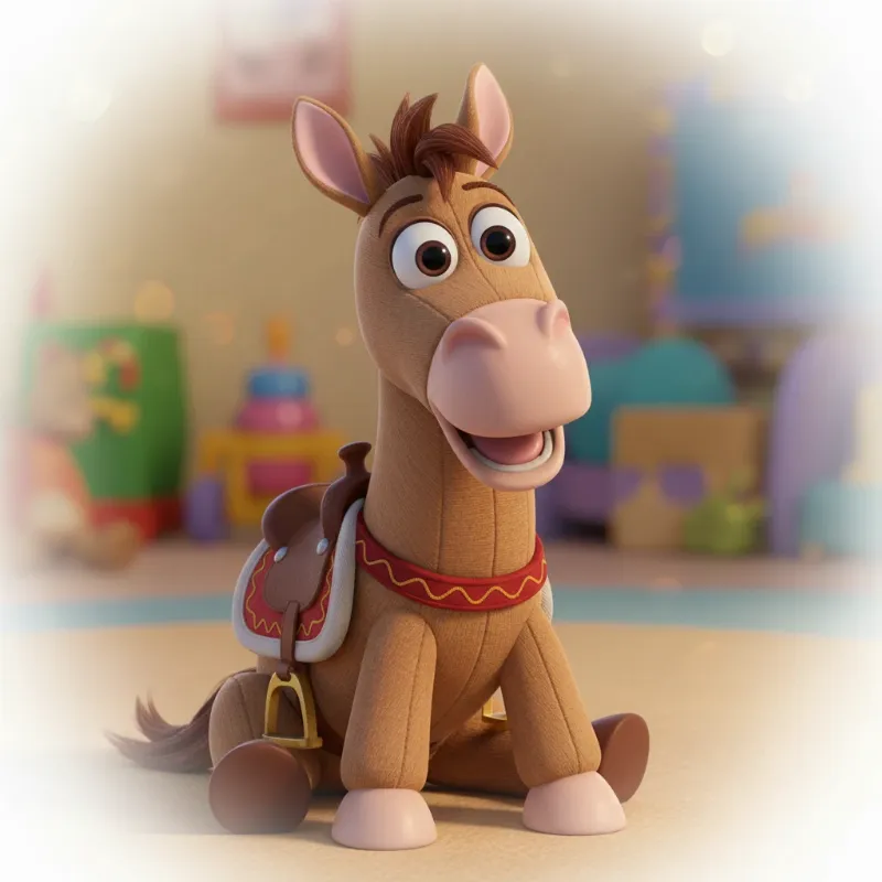 A detailed portrait of Disney Pixar Toy Story 3 Woody's horse Bullseye, highlighting his friendly expression.