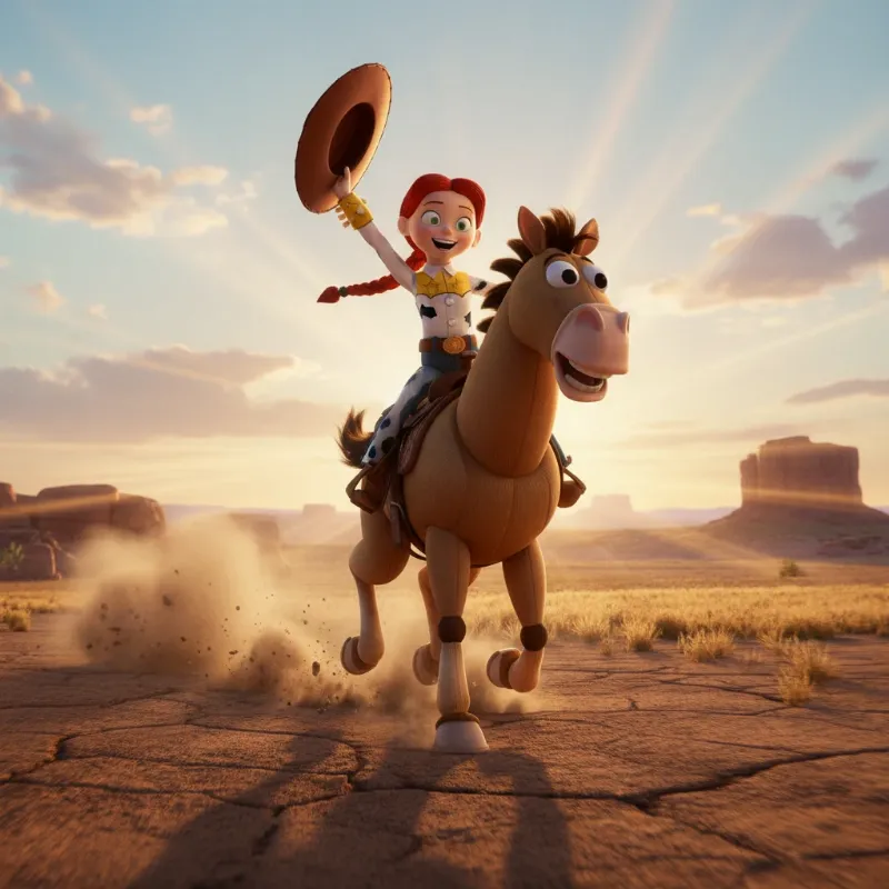 Bullseye, the Toy Story horse, gallops with Jessie on his back in an exciting adventure scene.