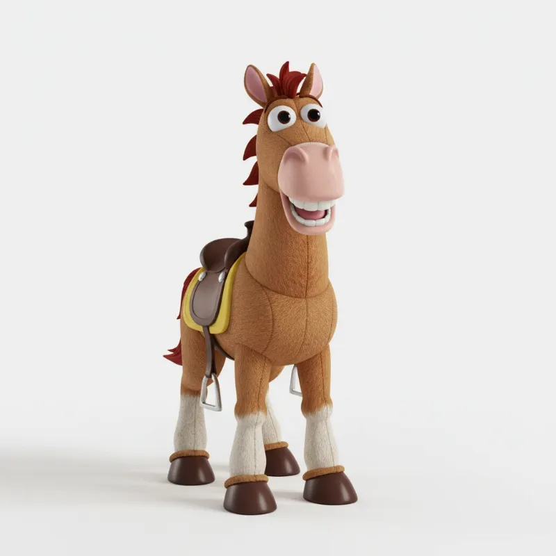 A detailed image of the Toy Story character Bullseye, the horse from Toy Story, posed cheerfully.