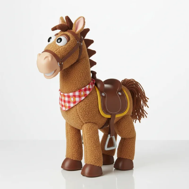 A detailed shot of a classic Bullseye Toy Story horse figure, highlighting its friendly expression and vinyl saddle, a treasured item for any fan.