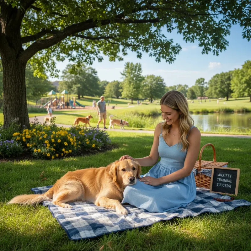 A happy golden retriever resting its head on its owner's lap in a sunny Wilmington, NC park, illustrating the positive results of anxious dog training