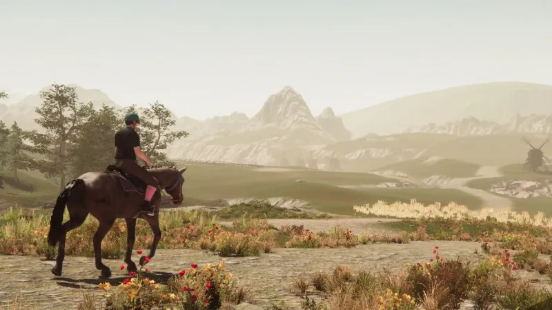 A close-up shot of a player character brushing their Story of Seasons horse in a stable