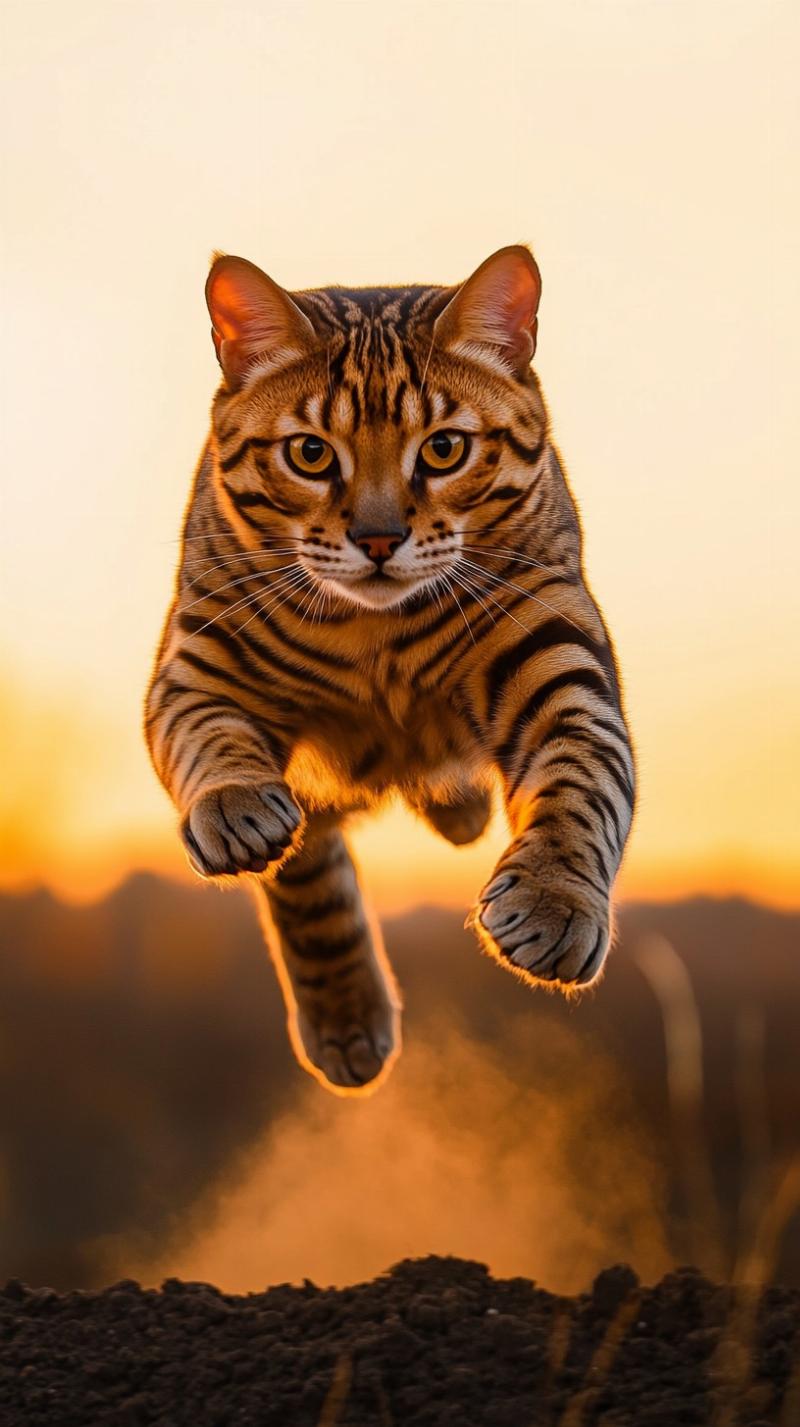 Vibrant cat leaping for a feather toy, showcasing agility and focus, in a sunlit living room.