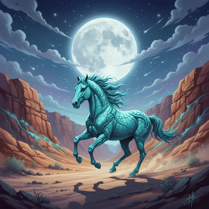 An artistic rendering of the Turquoise Horse Story, with a spirit horse made of polished turquoise galloping across a starry desert sky.