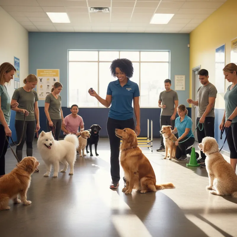 certified dog trainer guiding a client and their dog in a training session