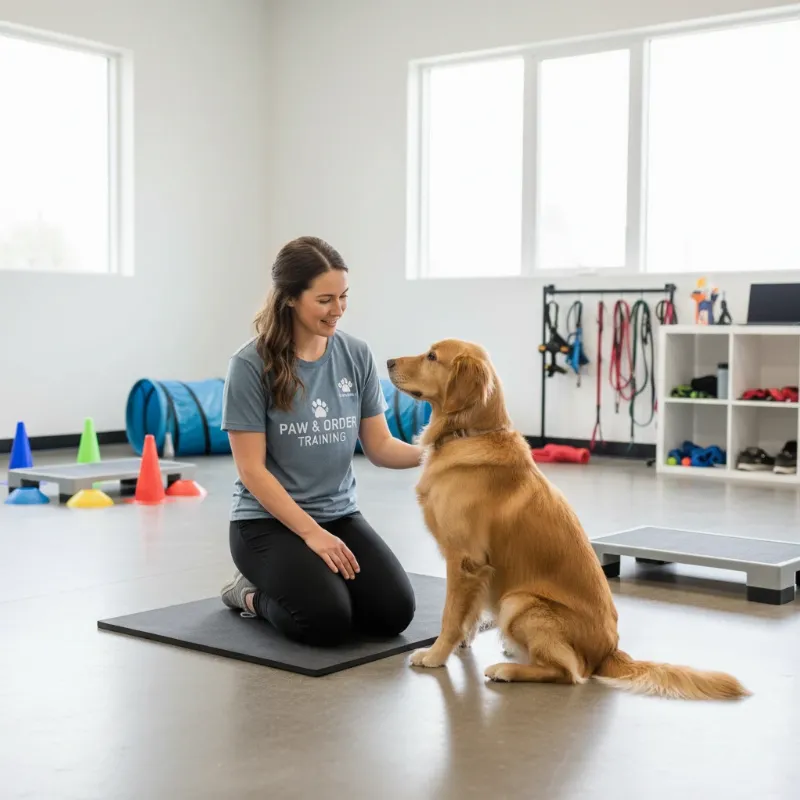 A certified service dog trainer carefully assessing a golden retriever's temperament for a training program, showcasing a crucial step in how to become a certified service dog trainer.