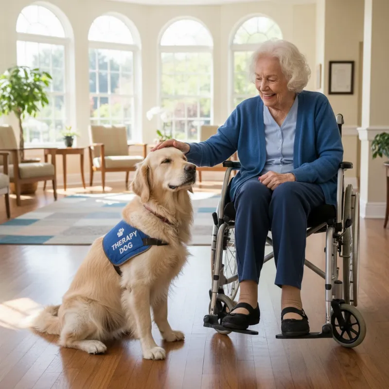 A calm golden retriever wearing a therapy dog vest sitting patiently while a senior woman in a wheelchair gently pets it in a brightly lit room, showcasing a key aspect of certified therapy dog training.