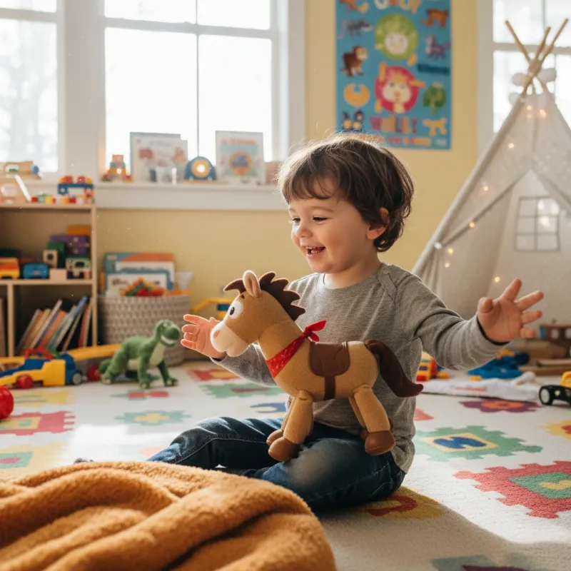 A young child joyfully playing with a Toy Story horse figure in a sunlit room, recreating scenes from the beloved movie.