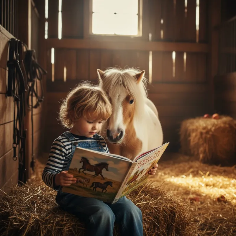 An evocative image showing a young child engrossed in a book of horse & pony stories while sitting in a cozy, sunlit barn with a gentle pony nearby.