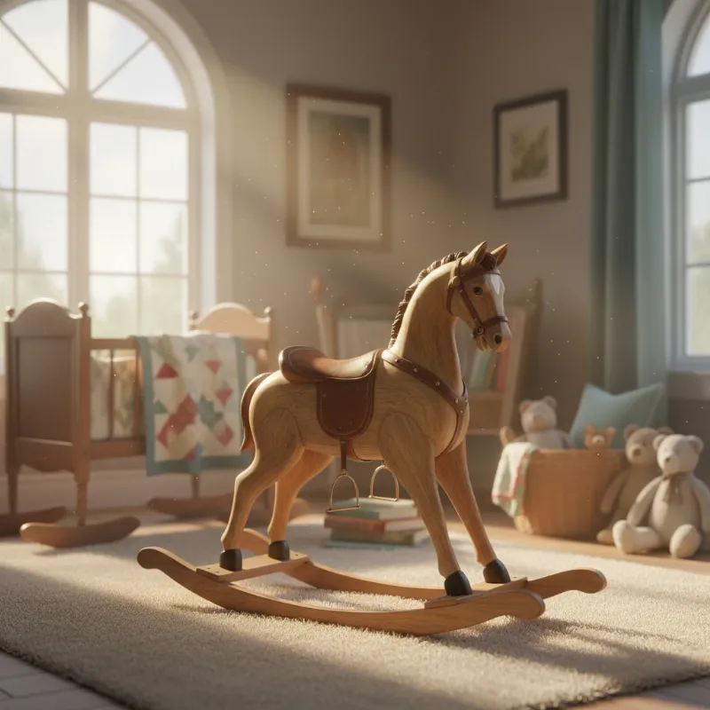 A classic wooden rocking horse in a sunlit nursery, symbolizing timeless wooden horse stories and childhood innocence.