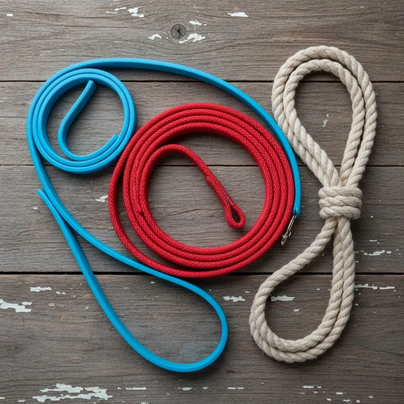 A collection of different long training leads for dogs made from nylon, biothane, and rope, coiled neatly on a wooden floor.