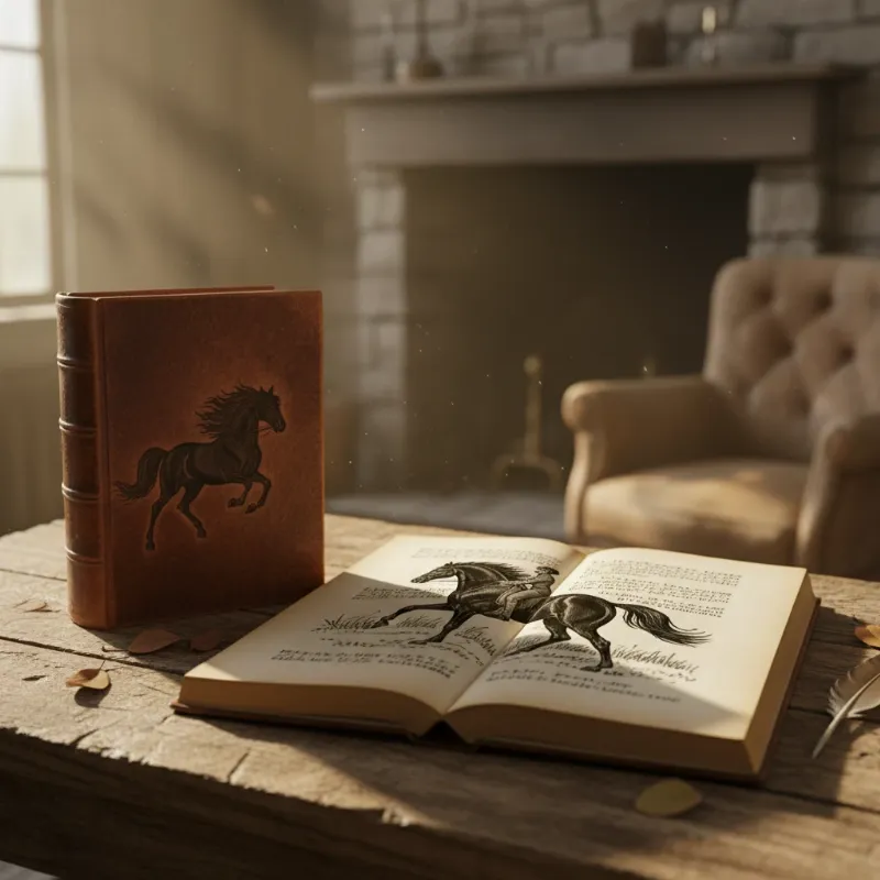 A vintage, well-loved copy of a classic novel like Black Beauty, resting on a rustic wooden table with a leather bridle nearby. The mood is nostalgic and warm.