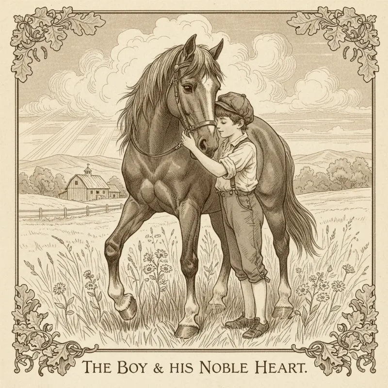 A vintage, watercolor-style illustration for a short story about horses, showing a young boy offering an apple to a majestic black stallion in a misty field.