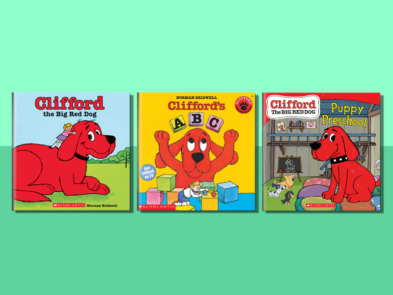 Charming illustration from a Clifford the Big Red Dog board book, showing Clifford and Emily Elizabeth playing in a park.