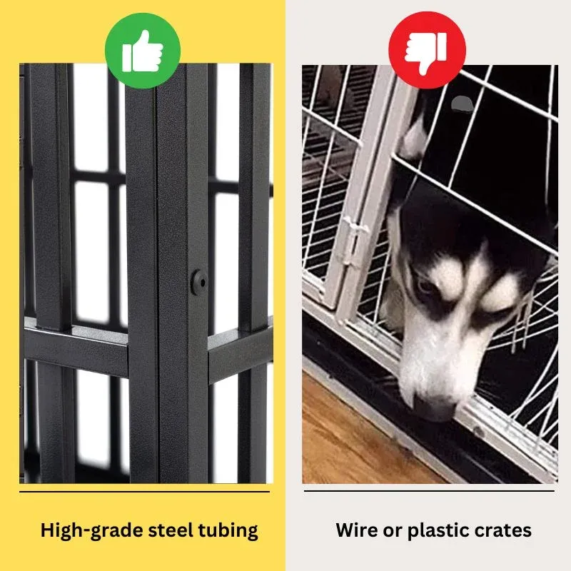 Close-up of the heavy-duty steel metal dog cage construction, highlighting the reinforced welding and latches.