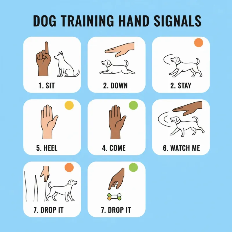 An infographic showing a diverse set of hands demonstrating the 7 basic hand signals for dog training, with icons for sit, stay, come, and down.
