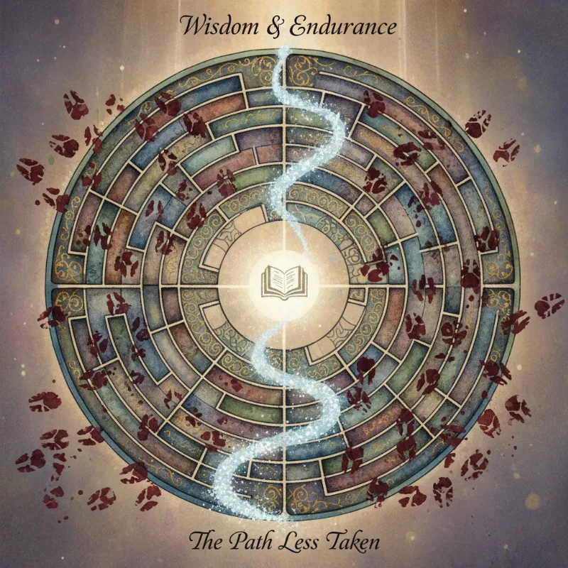 A symbolic image representing the moral of the horse and snail story, showing a winding, difficult path with a single, glowing snail trail leading to a triumphant finish line, with a faint, chaotic horse track veering off course.