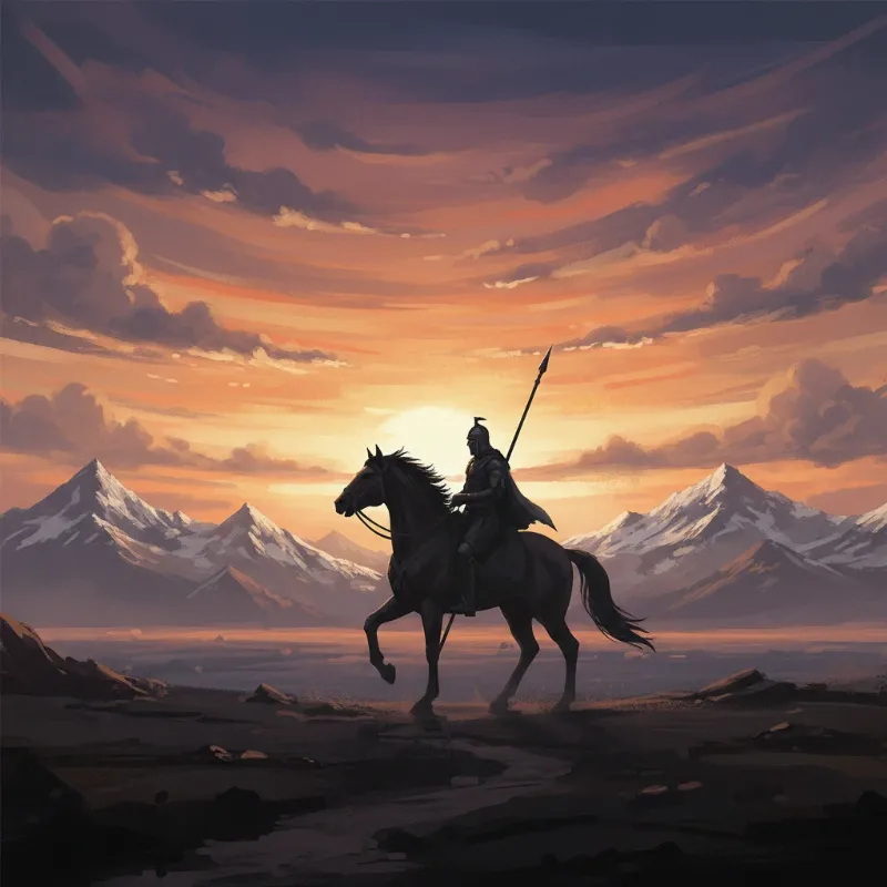 A symbolic image capturing the spirit of the Horse Soldiers, with a lone rider on horseback silhouetted against a dramatic mountain sunrise.