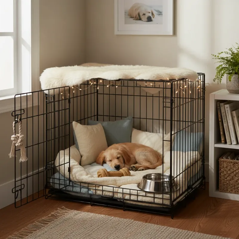 An alt-text describing a comfortable and inviting crate setup, which is a crucial tool for housebreaking and helps answer if female dogs are harder to potty train by providing a universal solution.