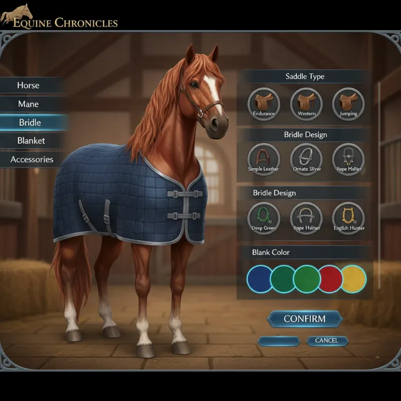 Player customizing a horse's saddle and mane color in a horse story game's detailed interface.